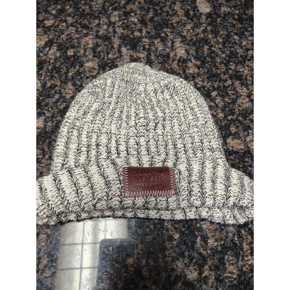 Love Your Melon Beanie Hat Cotton Knit Cream/Gray Logo Leather Patch Unisex